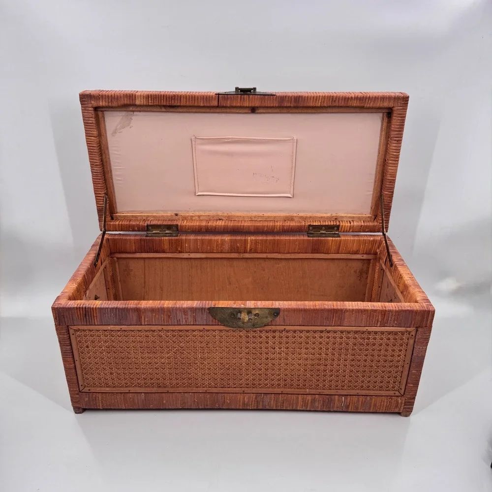 Vintage Chinese Cane & Rattan Storage Trunk Brass Hardware 27